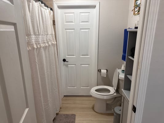 A clean, well-lit bathroom with a shower curtain and toilet