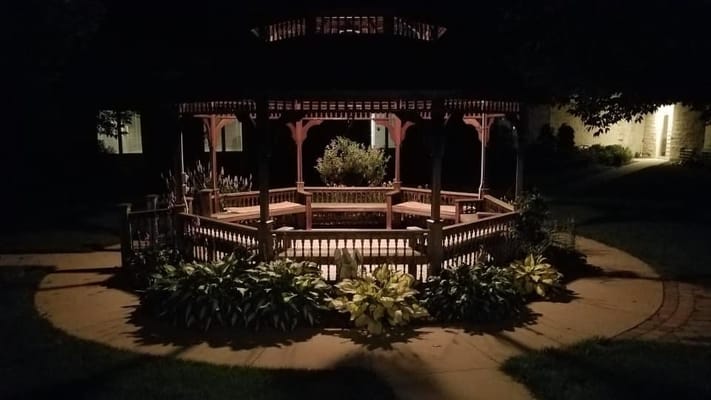 A gazebo surrounded by plants, illuminated at night.
