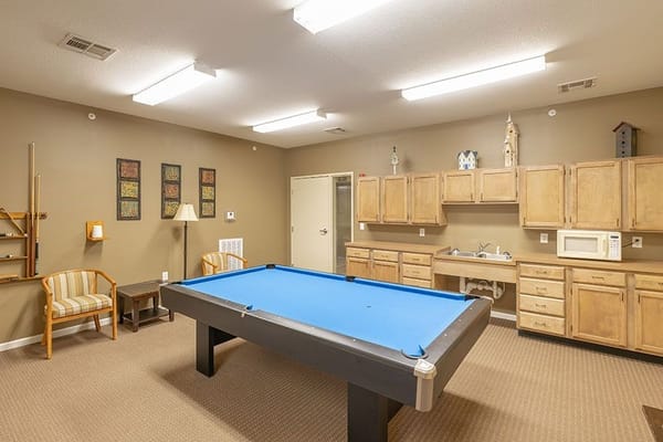 Recreation room with a blue pool table and seating area.