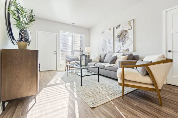 Bright and modern living room with sofa and decorative accents