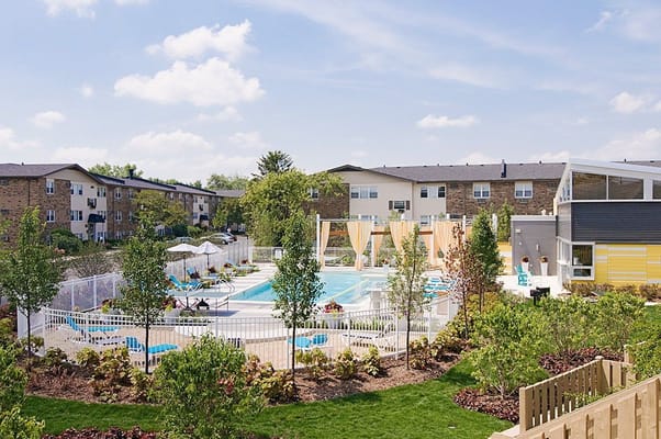 Bright outdoor pool surrounded by lounge chairs and greenery.