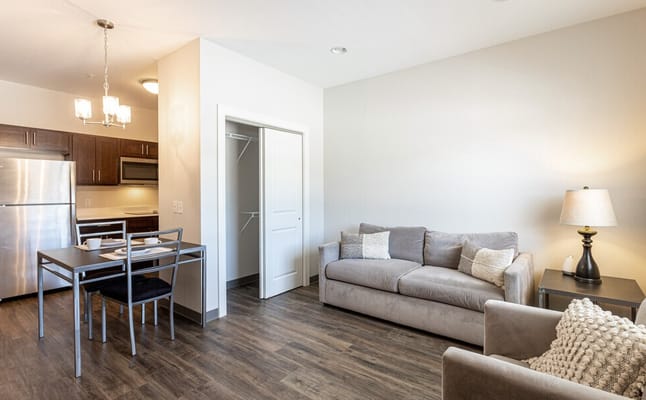 Cozy interior of a resident apartment with kitchen and living area