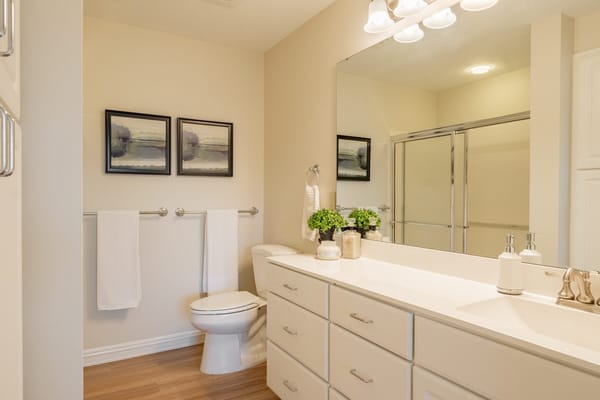 Bright and modern bathroom with a large mirror and two artworks.