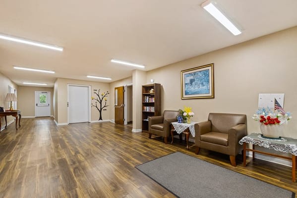 Bright interior of a common area with seating and decor