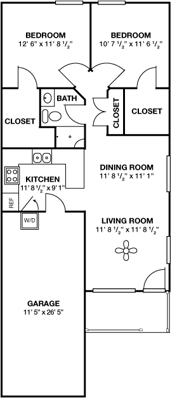 Architectural floor plan of a two-bedroom layout