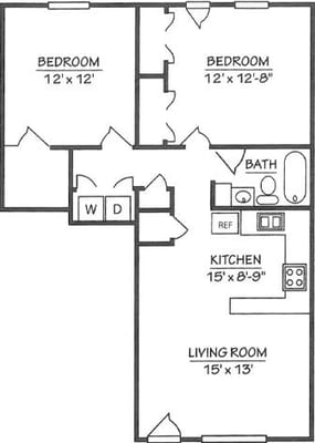 Architectural floor plan of a two-bedroom unit