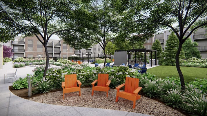 Vibrant outdoor seating area with colorful chairs