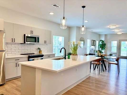 Modern interior of a dining area with kitchen