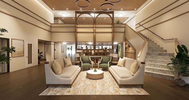 Bright lobby area with seating and staircase