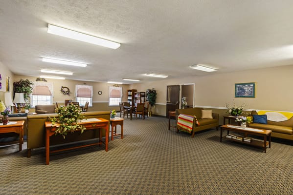 Common area of a senior living facility with seating