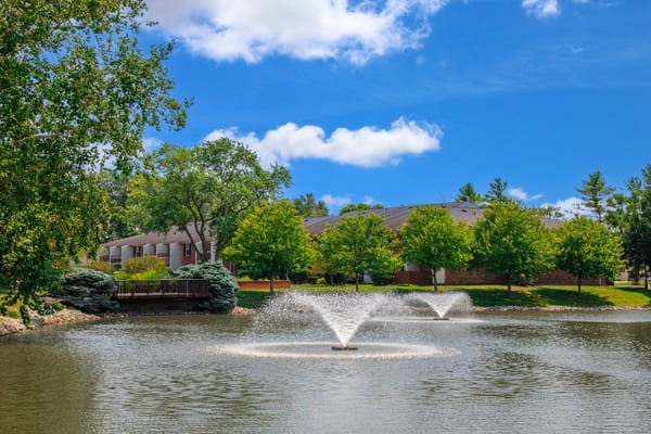 Pond with fountains surrounded by greenery at the facility