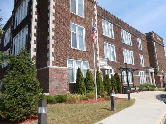 Exterior view of the Historic Jeff Center Senior Apartments building