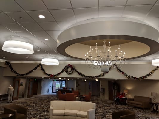 Cozy interior lobby decorated for the holidays