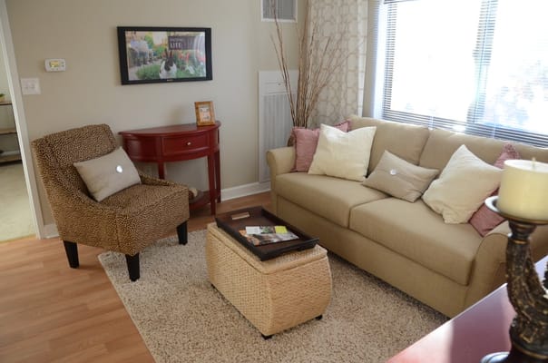 Interior view of a cozy common area with seating