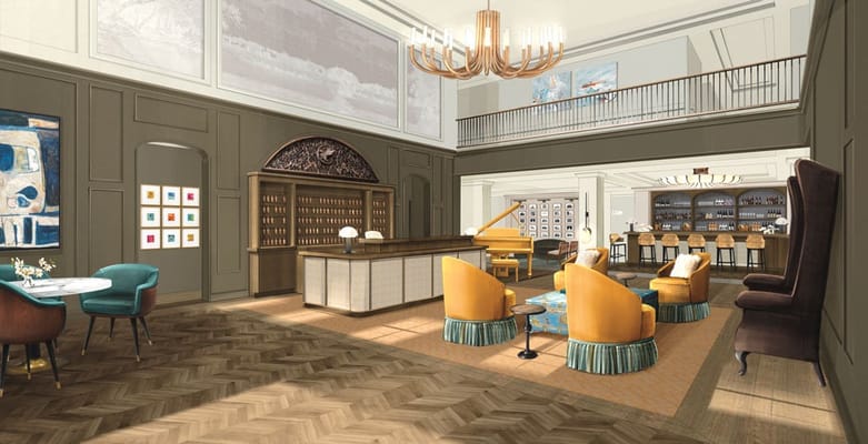 Interior view of a stylish common area with seating and bar