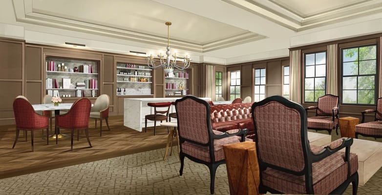 Interior common area with seating and decorative elements