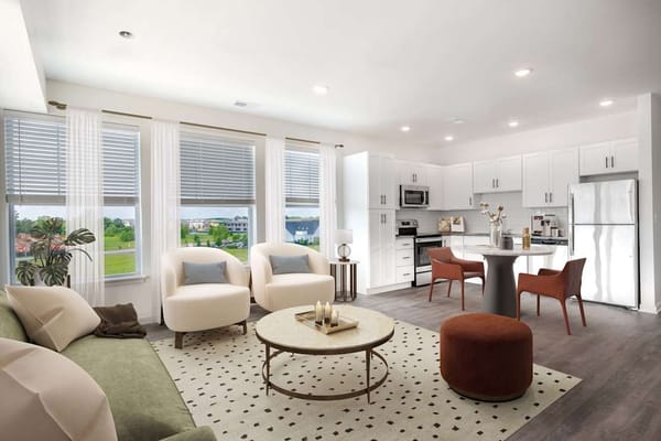 Bright common area with modern furnishings