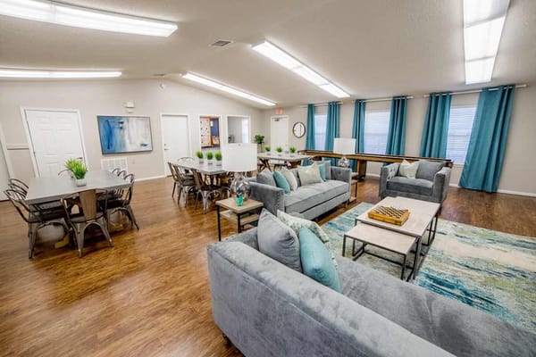 Interior view of a common area with seating