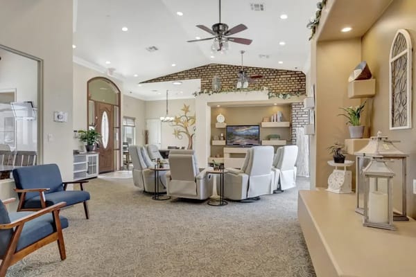Interior view of a modern common area with seating