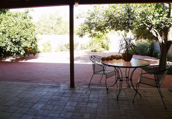 Outdoor seating area with a table and chairs surrounded by greenery.