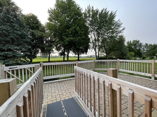 Accessible outdoor walkway in a landscaped area
