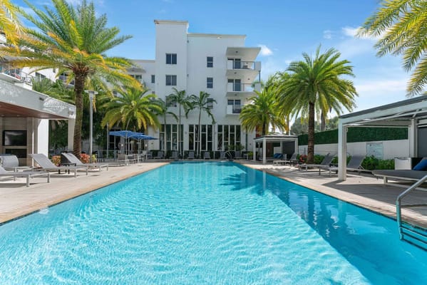 Pool area surrounded by palm trees and lounge chairs