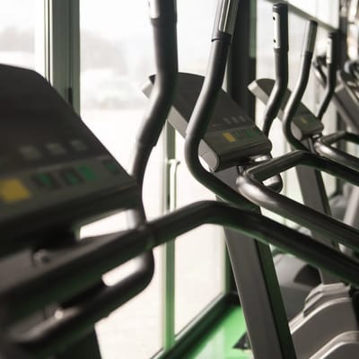 Close-up of fitness equipment in a gym area