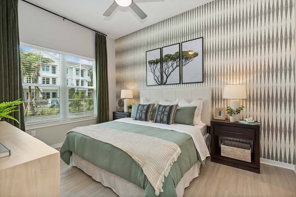 Stylish bedroom interior in senior living apartment