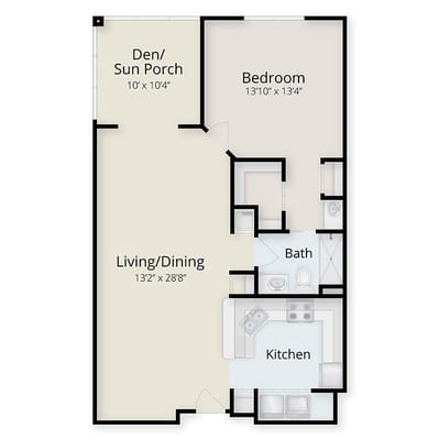 Floor plan of a one-bedroom unit with den