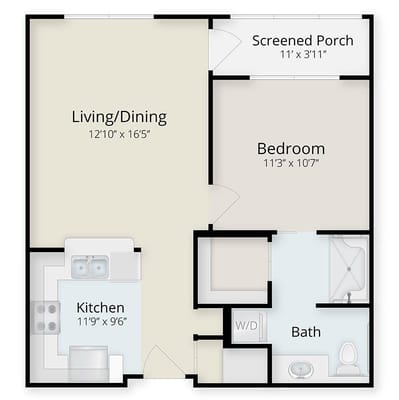Architectural floor plan of a 1-bedroom unit