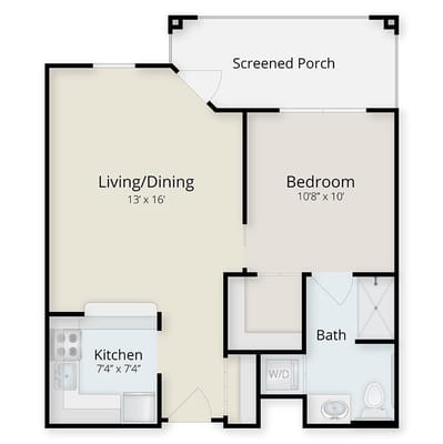 Architectural floor plan of a one-bedroom unit