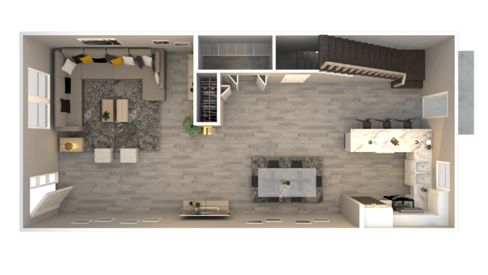 Aerial view of a modern apartment interior layout