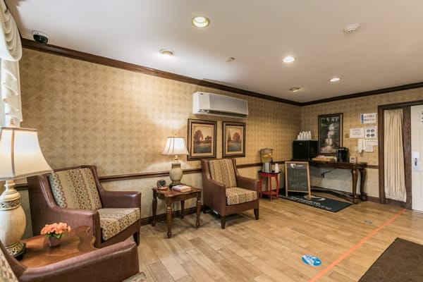Cozy lobby seating with chairs and decorative elements