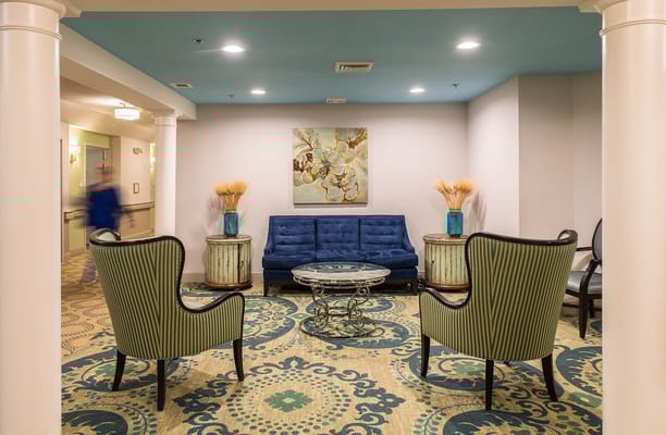 Bright and inviting common area with seating