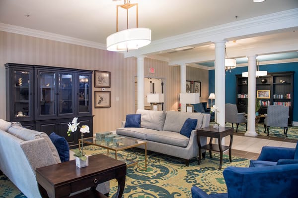 A cozy lounge area in the senior living facility