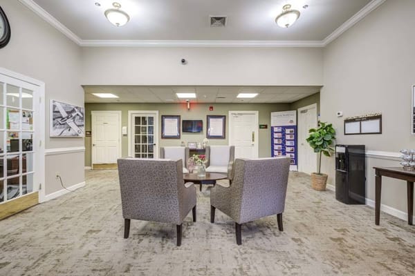 Bright common area with seating and decor