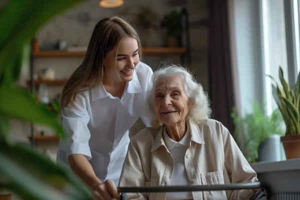 A caregiver smiling with an elderly resident indoors