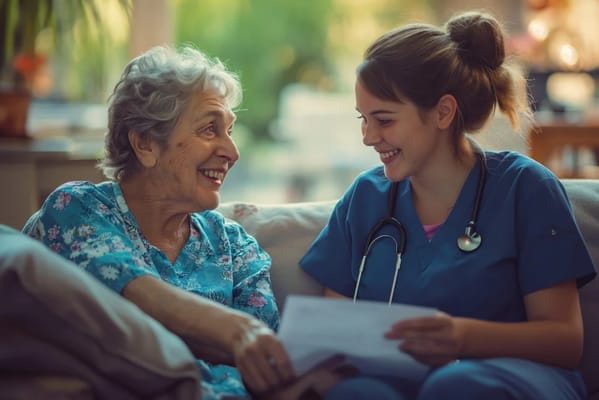 A nurse smiling with an elderly resident in a care setting