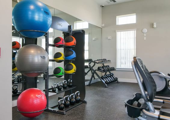 Well-equipped fitness area with exercise balls and weights