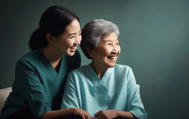 Staff member and resident smiling together indoors