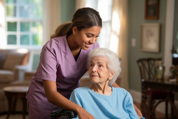 Caregiver interacting with an elderly resident in a cozy interior