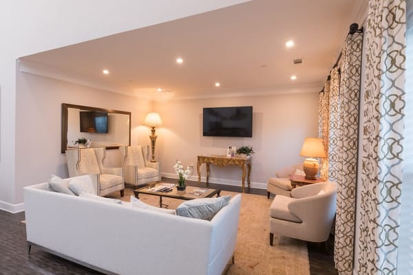 Bright interior common area with seating and decor