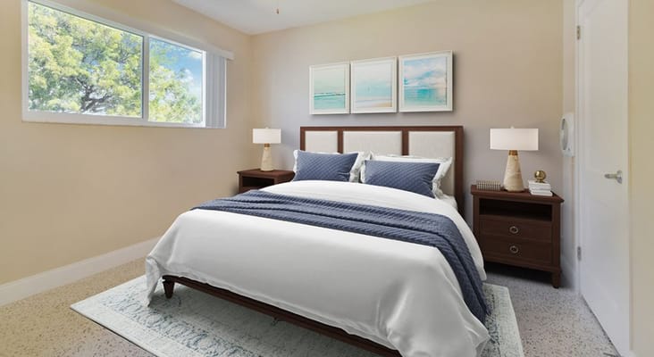 Cozy bedroom with a large window and modern decor