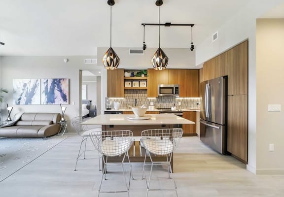 Modern interior kitchen space with dining area