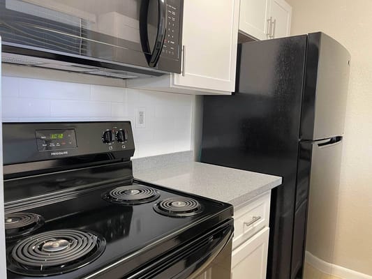 A view of a kitchen area with appliances