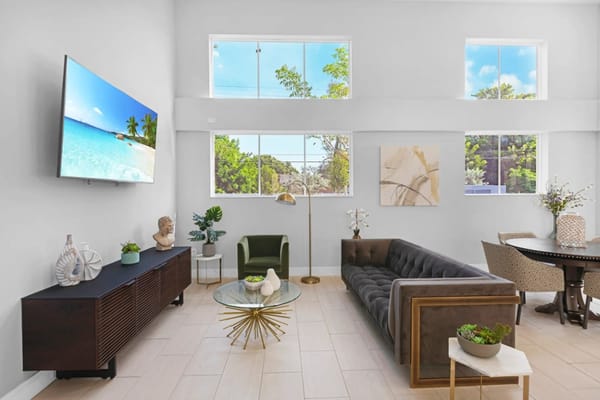 Bright common area with modern furniture and decor