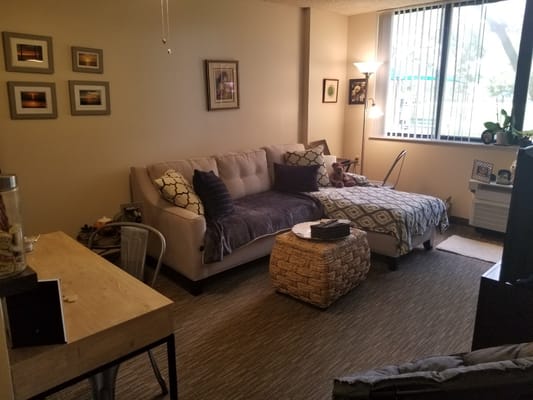 A cozy living room featuring a sofa, desk, and decorative items.