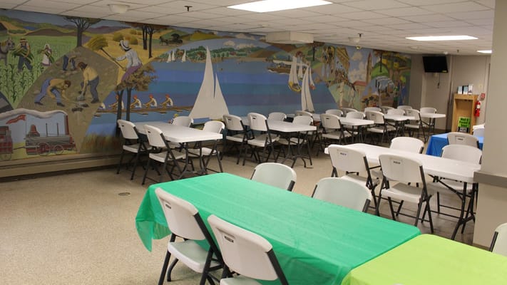 Interior view of a dining area with colorful tables