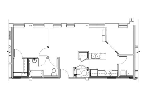 Architectural floor plan of a one-bedroom unit