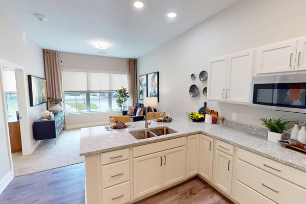 Modern kitchen in a bright assisted living apartment